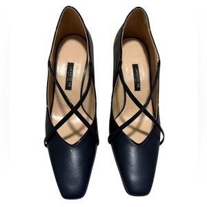 Lafayette 148 New York Square Toe Cross Strap Heels in Navy Blue Size 37 US 7